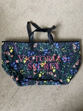 Victoria's Secret Navy Floral Logo Tote with Pink Lettering